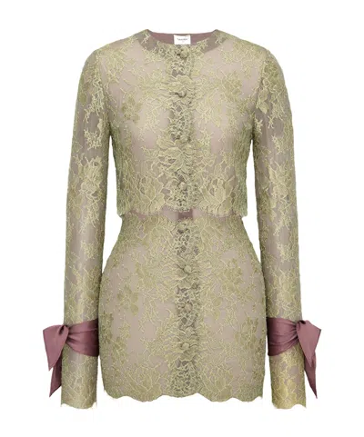 Saint Laurent Mini Dress With Bow Tie And Lace Cuffs In Neutral
