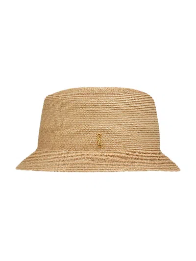 Saint Laurent Mini Gold Pin Straw Hat With Grosgrain Ribbon In Beige