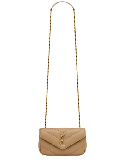 Saint Laurent Mini Lambskin Handbag With Removable Pouch In Beige