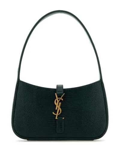 Saint Laurent Mini Structured Reptile Embossed Top Handle Handbag In Green