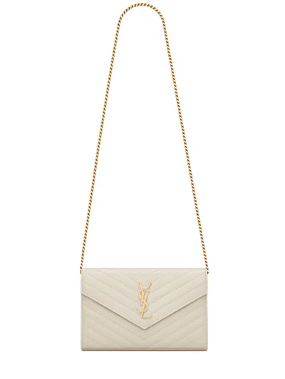Saint Laurent Mini Leather Bag With Removable Chain Strap - Height 14 Cm, Width 22.5 Cm, Depth 4 Cm In White