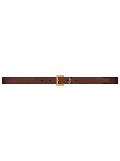 Saint Laurent Mini Leather Belt With Adjustable Buckle In Brown