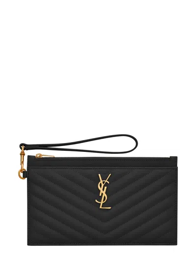 Saint Laurent Mini Leather Card Case Wallet With Zip Closure In Black