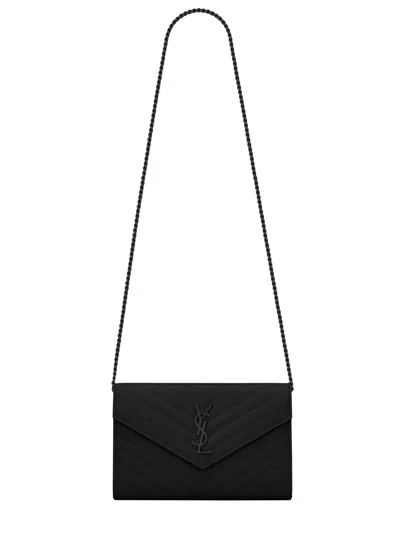 Saint Laurent Mini Leather Crossbody Wallet With Chain Strap, Ysl Hardware, 14 Cm In Nero