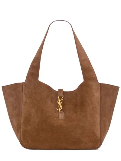 Saint Laurent Mini Leather Tote Bag With Suede Lining, 28cm Height In Marrone