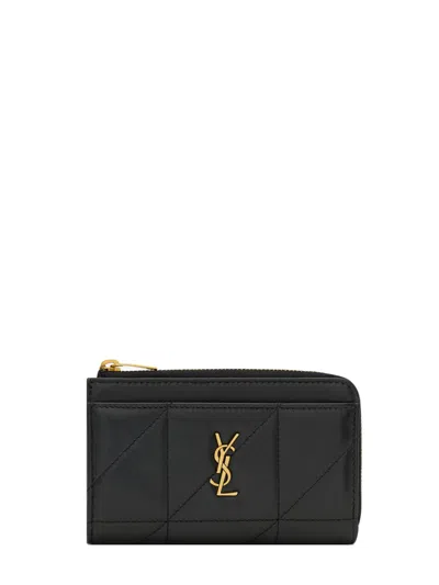Saint Laurent Mini Leather Wallet With Zip Closure And Bronze-tone Hardware, 13 X 8 X 2 Cm, Six Card In Nero