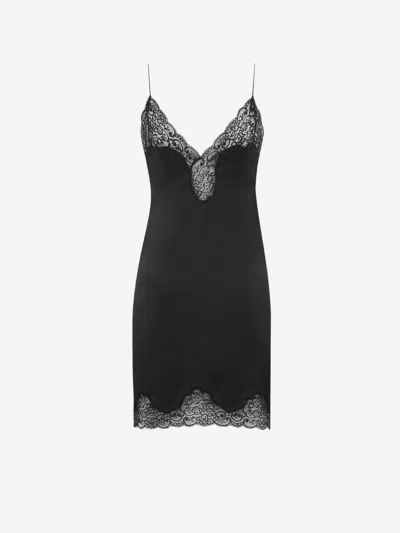 Saint Laurent Lace-trimmed Satin Slip Dress In Black