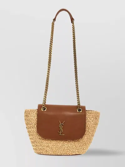 Saint Laurent Two-tone Raffia And Leather Mini Manon Shoulder Bag In Brown