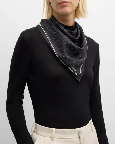 Saint Laurent Mini Polka-dot Silk Square Scarf In Black Ivory