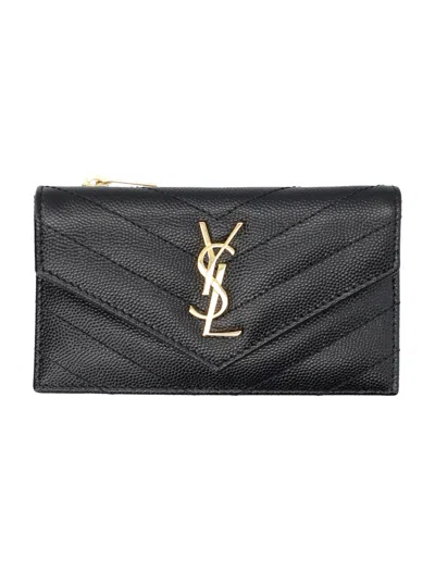 Saint Laurent Mini Quilted Card Case With Iconic Emblem In Black