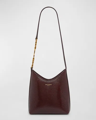 Saint Laurent Mini Shoulder Bag In Shiny Lizard-embossed Leather In Bordeaux