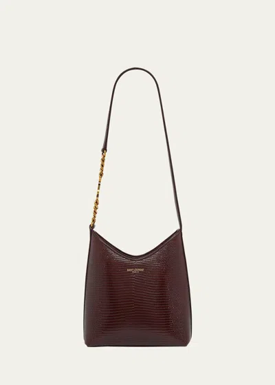 Saint Laurent Mini Shoulder Bag In Shiny Lizard-embossed Leather In Bordeaux