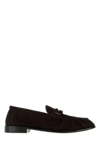 Saint Laurent Dark Brown Suede Loafers In Burgundy