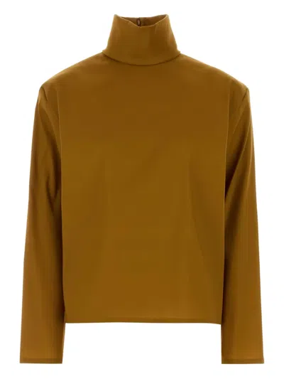 Saint Laurent Stretch Silk Blend Turtleneck Long Sleeve Top In Brown