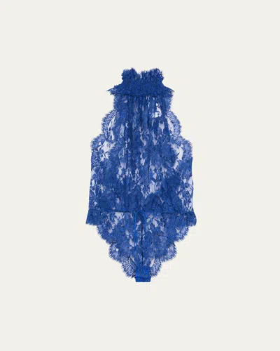 Saint Laurent Mock-neck Lace Bodysuit In Blue