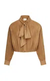 Saint Laurent Tie-neck Cropped Blouse In Brown