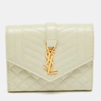Pre-owned Saint Laurent Monogram Beige Mix Matelassé Leather Trifold Wallet In Sand