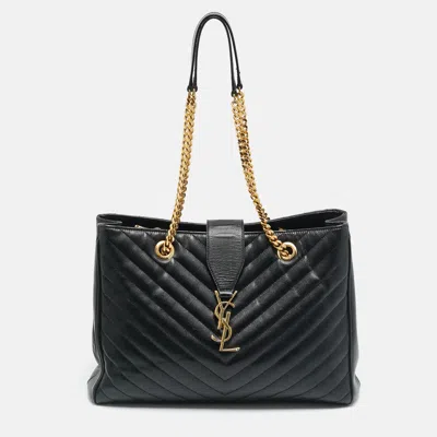 Pre-owned Saint Laurent Monogram Black Chevron Leather Tote