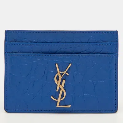 Pre-owned Saint Laurent Monogram Blue Croc Embossed Leather Card Holder