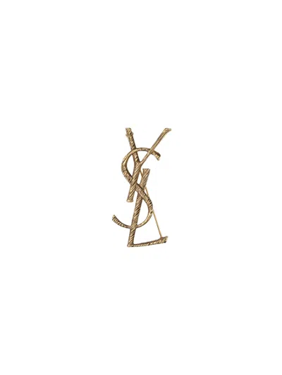 Saint Laurent Monogram Brooch Pin In Gold