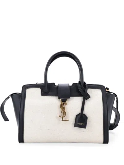 Pre-owned Saint Laurent Monogram Cabas Downtown Leather And Canvas Baby Tote Bag In Black