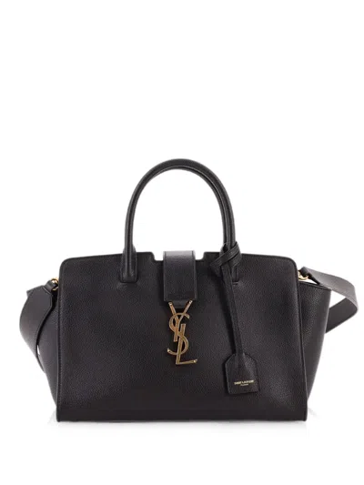 Pre-owned Saint Laurent Monogram Cabas Downtown Leather Baby Satchel In Black