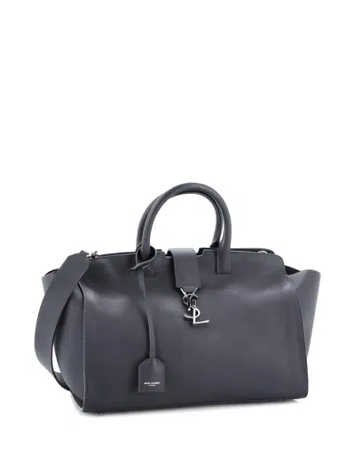 Pre-owned Saint Laurent Monogram Cabas Downtown Leather Small Tote Bag In Gray