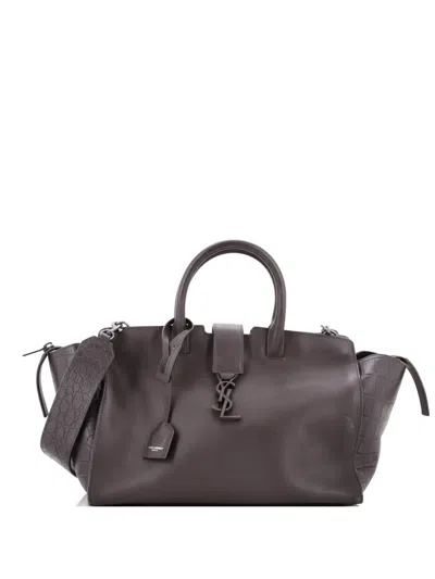 Pre-owned Saint Laurent Monogram Cabas Downtown Leather With Crocodile Embossed Leather Small Satchel In Gray