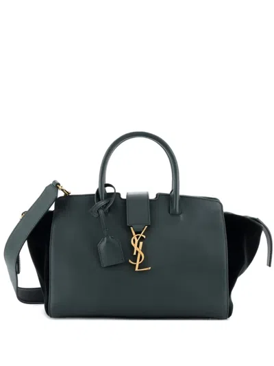 Pre-owned Saint Laurent Monogram Cabas Downtown Leather With Suede Baby Tote Bag In Green