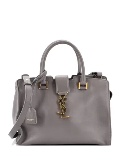 Pre-owned Saint Laurent Monogram Cabas Leather Baby Satchel In Gray