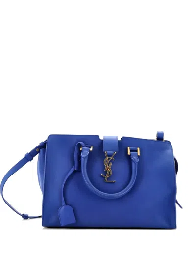Pre-owned Saint Laurent Monogram Cabas Leather Small Satchel In Blue