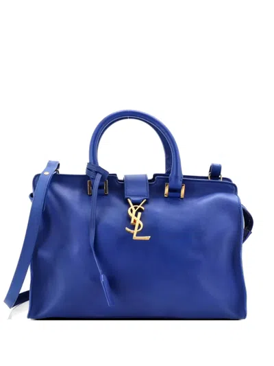 Pre-owned Saint Laurent Monogram Cabas Leather Small Satchel In Blue