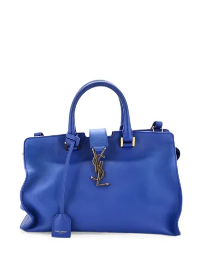 Pre-owned Saint Laurent Monogram Cabas Leather Small Satchel In Blue