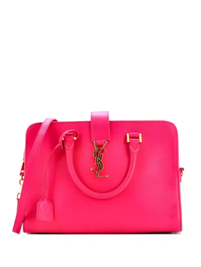 Pre-owned Saint Laurent Monogram Cabas Leather Small Satchel In Pink