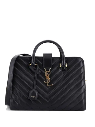 Pre-owned Saint Laurent Monogram Cabas Matelasse Chevron Leather Small Satchel In Black