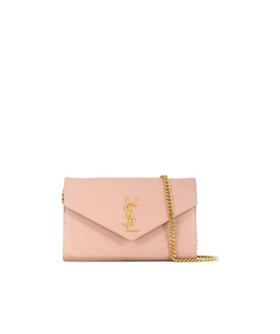 Saint Laurent Monogram Chain Wallet In Grain De Poudre Embossed Leather In Pink