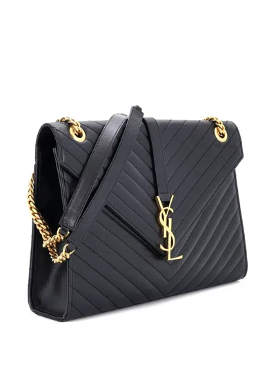 Pre-owned Saint Laurent Monogram-chevron Leather Shoulder Bag In Black