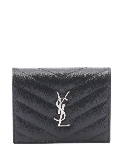 Pre-owned Saint Laurent Monogram Chevron-quilted Bi-fold Wallet In Black