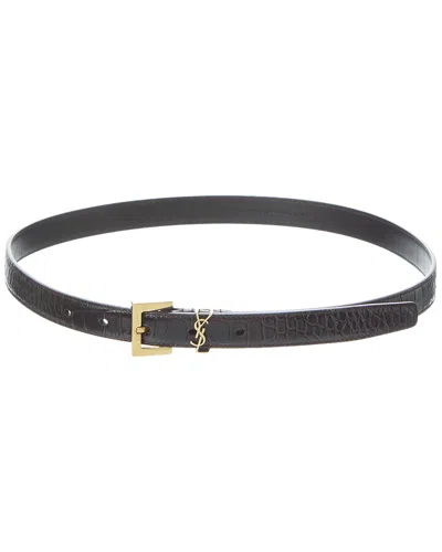 Saint Laurent Black Thin Belt With Square Buckle And Cassandre In Crocodile-embossed Leather Woman