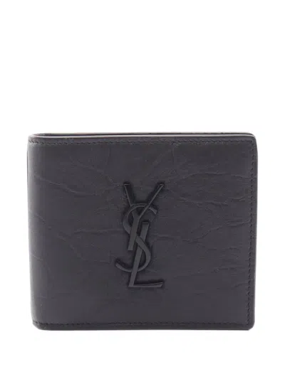 Pre-owned Saint Laurent Monogram Croc-effect Wallet In Black