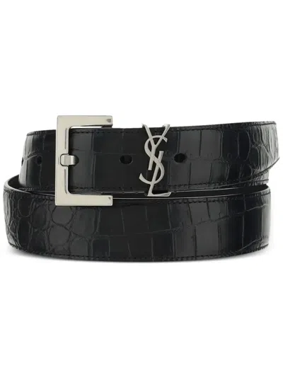 Saint Laurent Cassandre Belt In Crocodile-embossed Leather In Black
