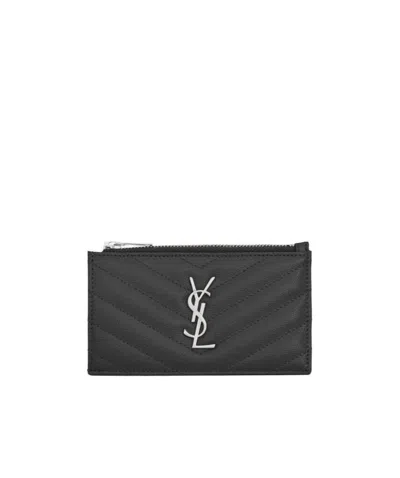 Saint Laurent Monogram Embossed Zipped Cardholder In Black