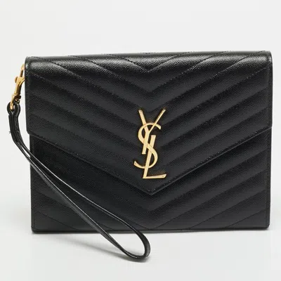 Pre-owned Saint Laurent Monogram Envelope Flap Black Matelassé Leather Wristlet Clutch
