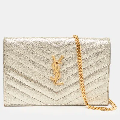 Pre-owned Saint Laurent Monogram Envelope Gold Crackled Matelassé Leather Wallet On Chain