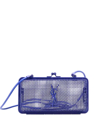 Pre-owned Saint Laurent Monogram Evening Cage Minaudiere Metal With Leather Clutch Bag In Blue