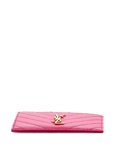 Pre-owned Saint Laurent Monogram Fragments Zip Matelasse Chevron Leather Card Holder In Pink