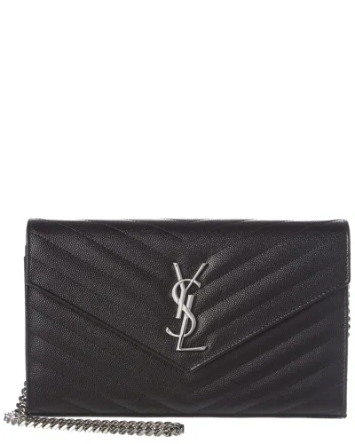 Saint Laurent Monogram Grain De Poudre Leather Wallet On Chain In Black