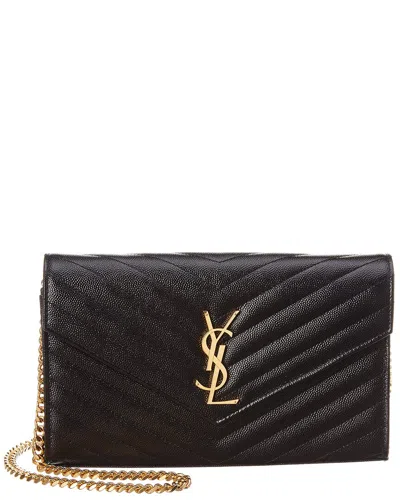 Saint Laurent Monogram Grain De Poudre Leather Wallet On Chain In Brown