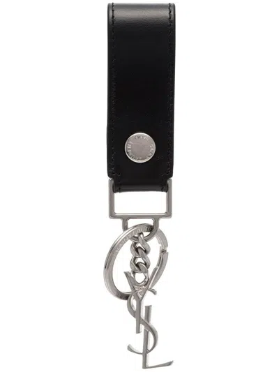 Saint Laurent Logo Plaque Embellished Leather Keyring - 黑色 In 1000 -  Black