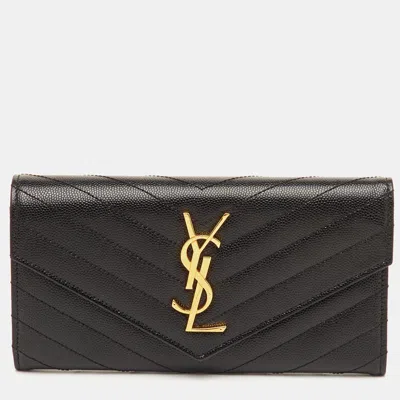 Pre-owned Saint Laurent Monogram Large Black Matelassé Leather Cassandre Flap Wallet